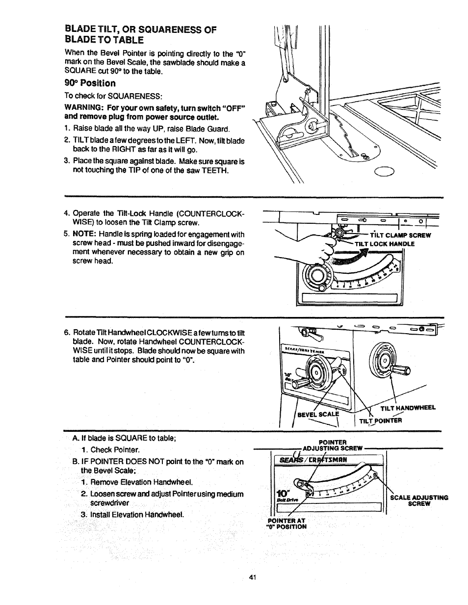 Blade tilt, or squareness of, Blade to table, 90* position | Craftsman 113.298761 User Manual | Page 41 / 56