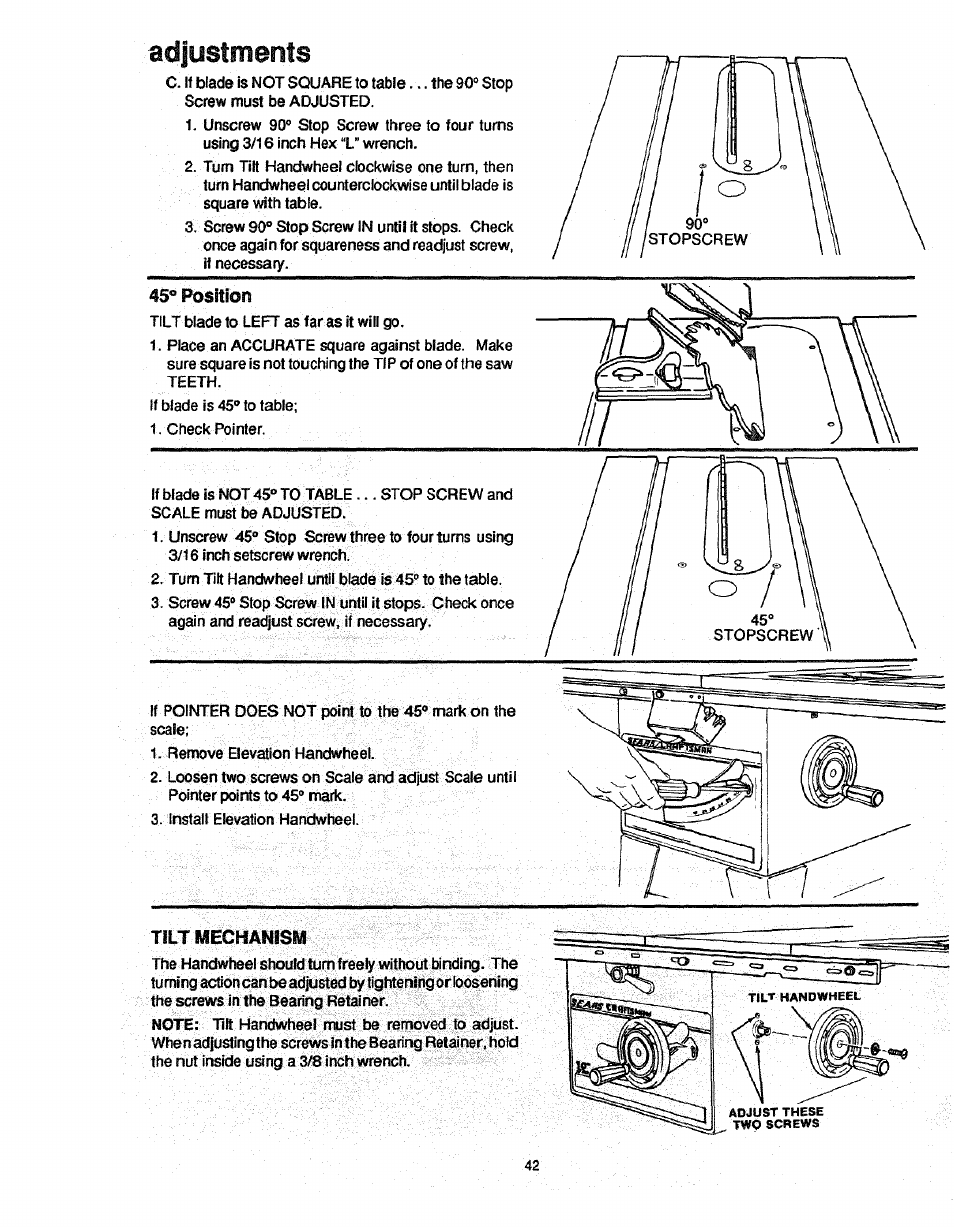 45® i^ositiori, Mt mechanism, Adjustments | Craftsman 113.298761 User Manual | Page 42 / 56