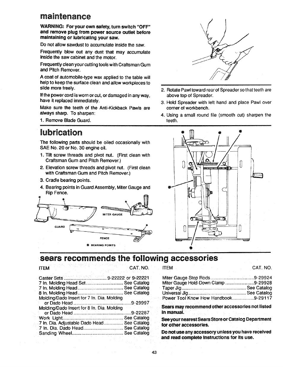 Sears recommends the following accessories, Maintenance, Lubrication | Craftsman 113.298761 User Manual | Page 43 / 56