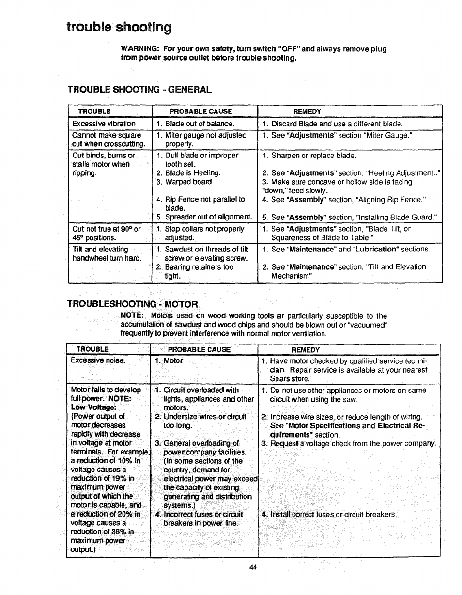 Trouble shooting - general, Troubleshooting - motor, Trouble shooting | Craftsman 113.298761 User Manual | Page 44 / 56