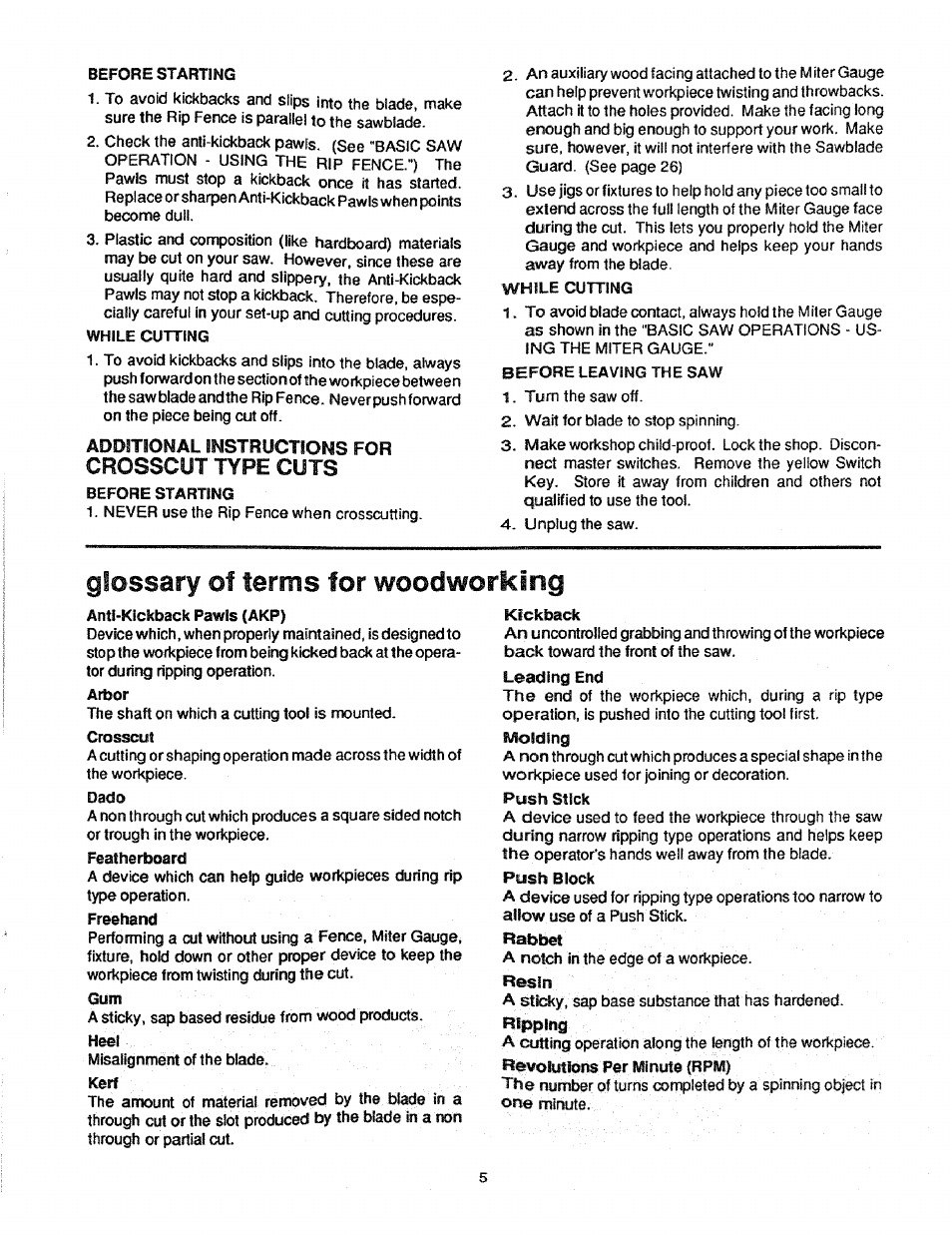 Additional instructions for, Crosscut type cuts, Rabbet | Glossary of terms for woodworking | Craftsman 113.298761 User Manual | Page 5 / 56