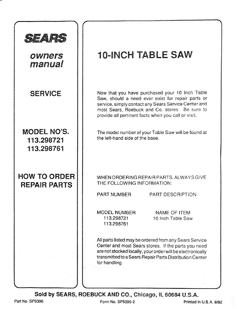 Owners manual, Inch table saw | Craftsman 113.298761 User Manual | Page 56 / 56