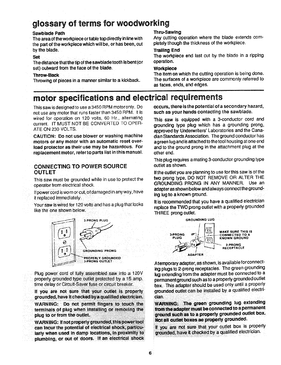Connecting to power source outlet, Motor specifications and electrical requirements, Glossary of terms for woodworking | Connecting, Power source outlet | Craftsman 113.298761 User Manual | Page 6 / 56