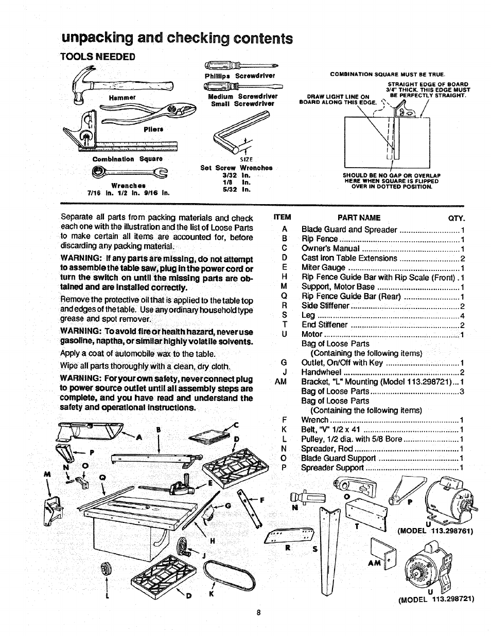 Unpacking and checking contents, Tools needed | Craftsman 113.298761 User Manual | Page 8 / 56