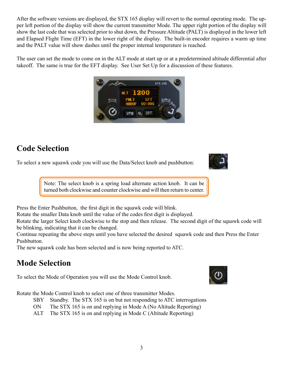 Code selection, Mode selection | Sandia Aerospace STX 165 User Guide User Manual | Page 5 / 10