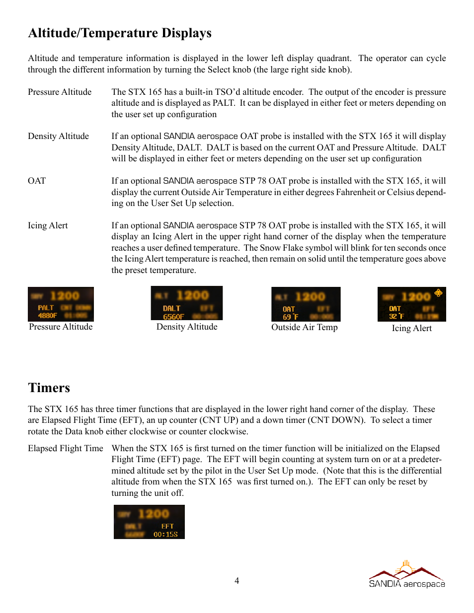 Altitude/temperature displays, Timers | Sandia Aerospace STX 165 User Guide User Manual | Page 6 / 10