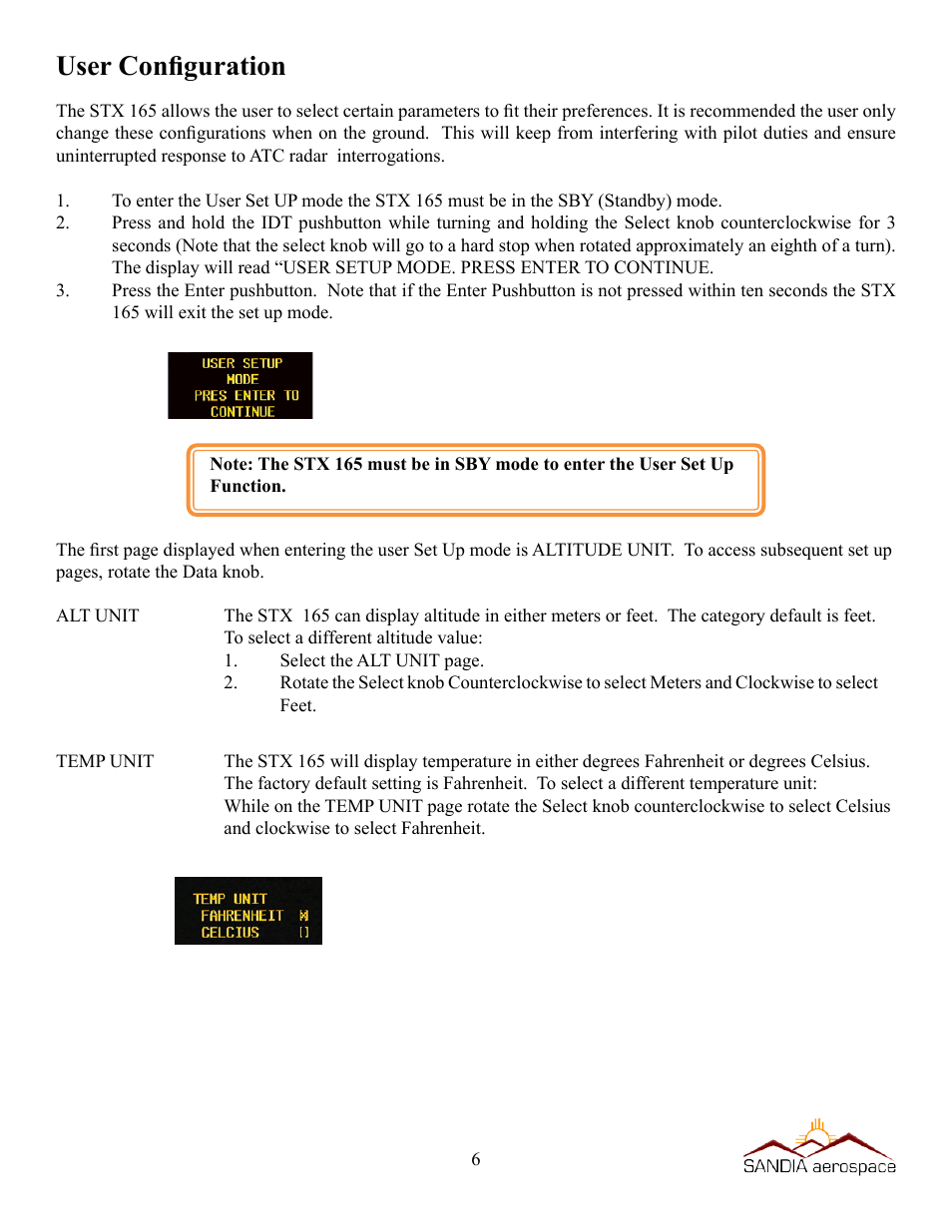 User configuration | Sandia Aerospace STX 165 User Guide User Manual | Page 8 / 10