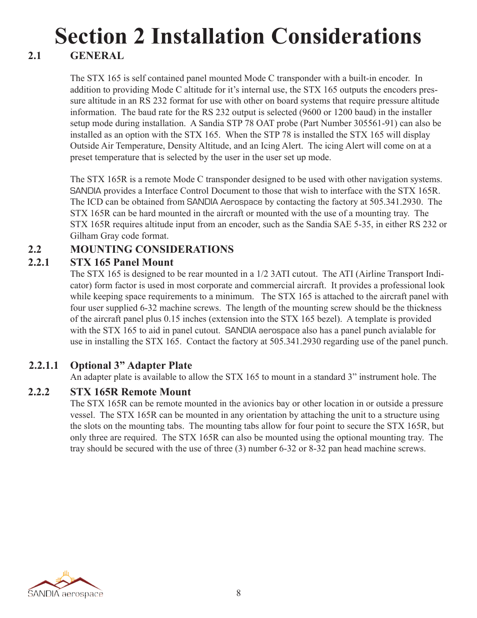 Sandia Aerospace STX 165 Installation Manual User Manual | Page 9 / 22