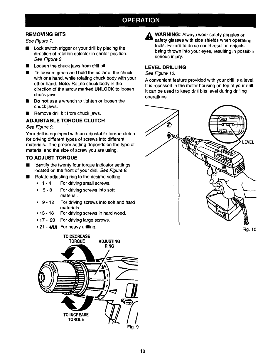 Removing bits, Adjustable torque clutch, To adjust torque | Level drilling, Operation | Craftsman 973.111490 User Manual | Page 10 / 16