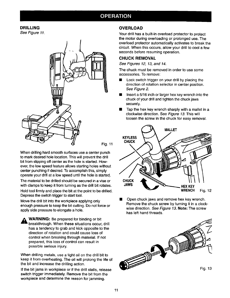 Drilling, Overload, Chuck removal | Operation | Craftsman 973.111490 User Manual | Page 11 / 16