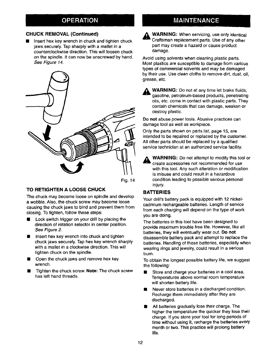 Maintenance, Chuck removal (continued), To retighten a loose chuck | Batteries | Craftsman 973.111490 User Manual | Page 12 / 16