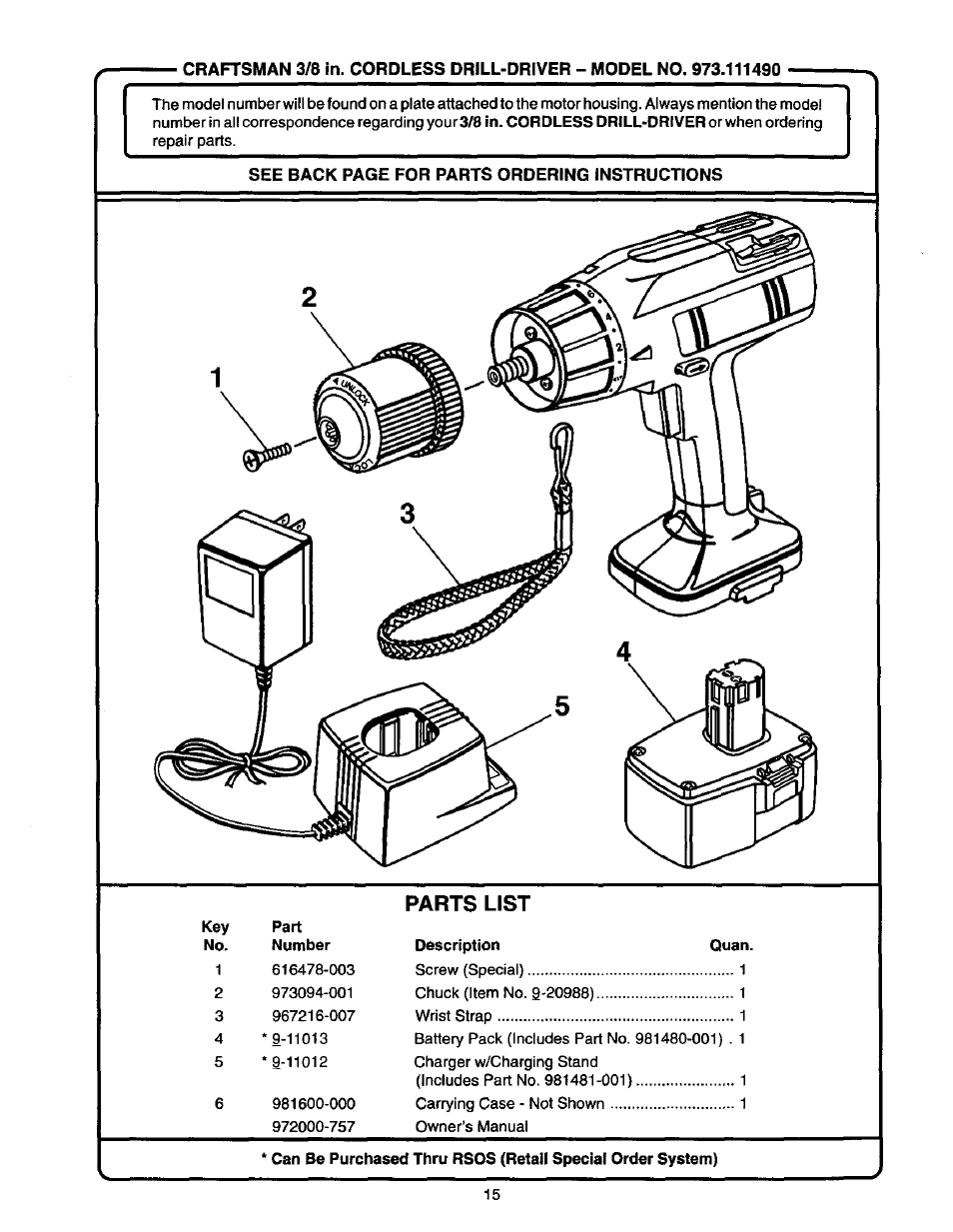 Parts list | Craftsman 973.111490 User Manual | Page 15 / 16