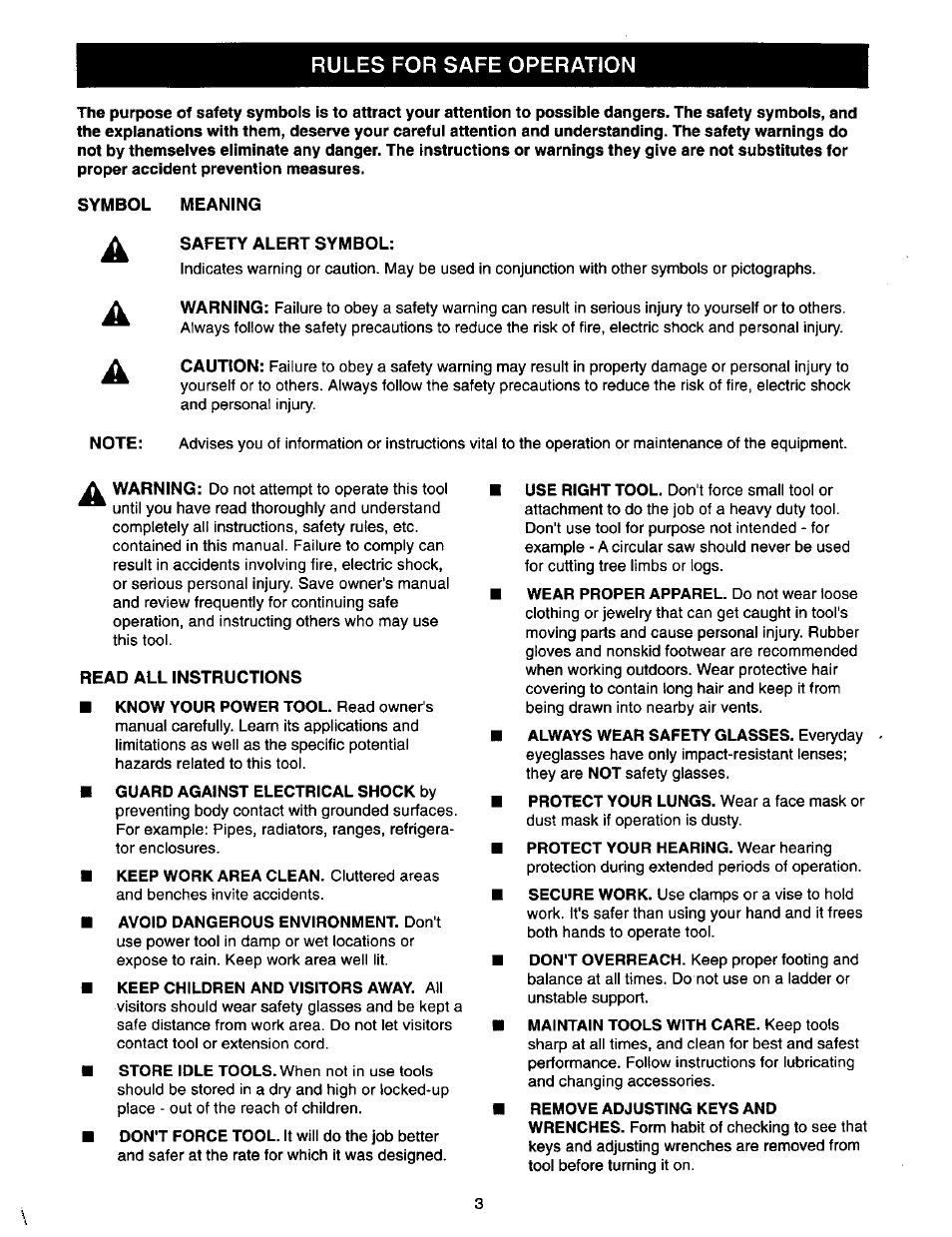 Symbol meaning, Safety alert symbol, Read all instructions | Guard against electrical shock by, Keep children and visitors away. all, Rules for safe operation | Craftsman 973.111490 User Manual | Page 3 / 16