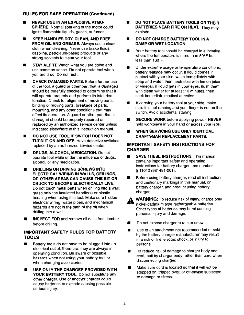 Drugs, alcohol, medication. do not, Important safety rules for battery, Tools | Important safety instructions for, Charger, A. important safety rules for battery tools, B. important safety instructions for charger | Craftsman 973.111490 User Manual | Page 4 / 16