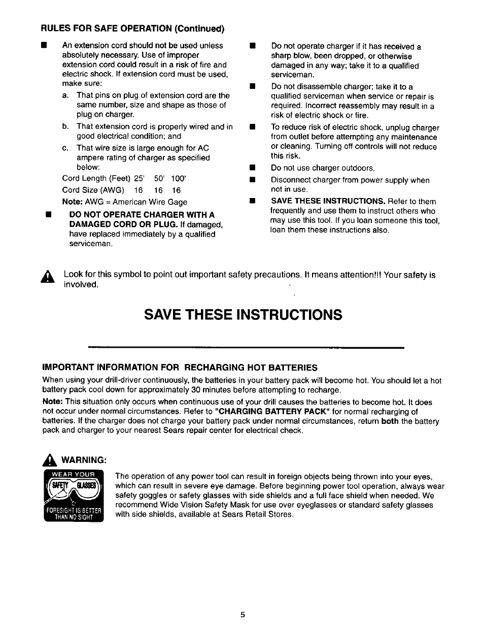 Save these instructions, Important information for recharging hot batteries | Craftsman 973.111490 User Manual | Page 5 / 16