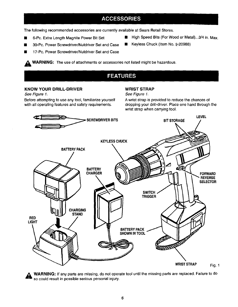 Accessories, Features, Know your drill-driver | Wrist strap | Craftsman 973.111490 User Manual | Page 6 / 16