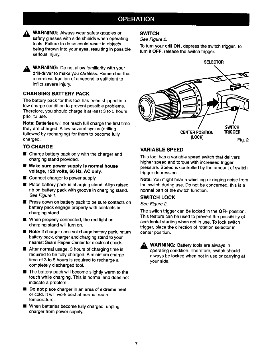 Charging battery pack, To charge, Switch | Variable speed, Switch lock, Operation | Craftsman 973.111490 User Manual | Page 7 / 16