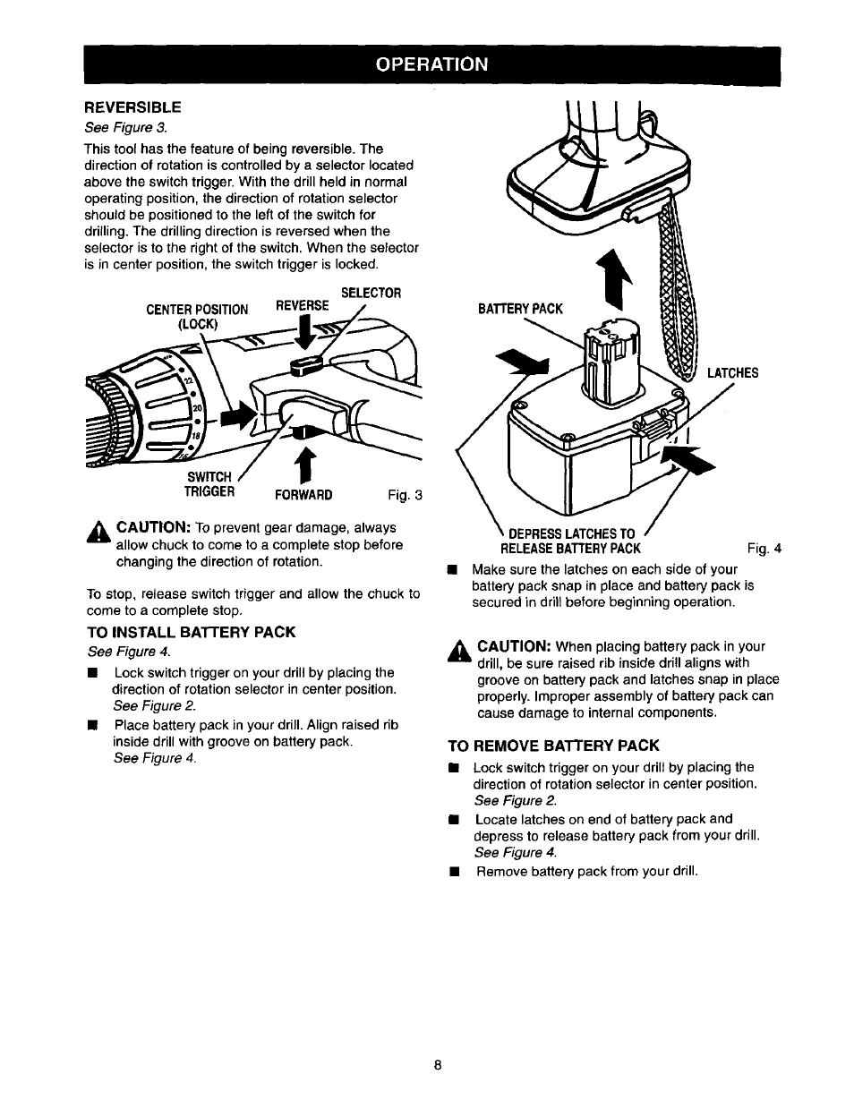 Reversible, To install battery pack, To remove battery pack | Operation | Craftsman 973.111490 User Manual | Page 8 / 16