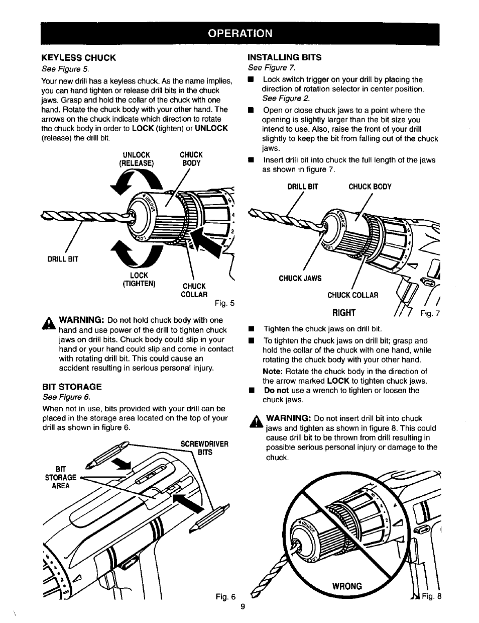 Keyless chuck, Installing bits, Bit storage | Storage area, Operation | Craftsman 973.111490 User Manual | Page 9 / 16