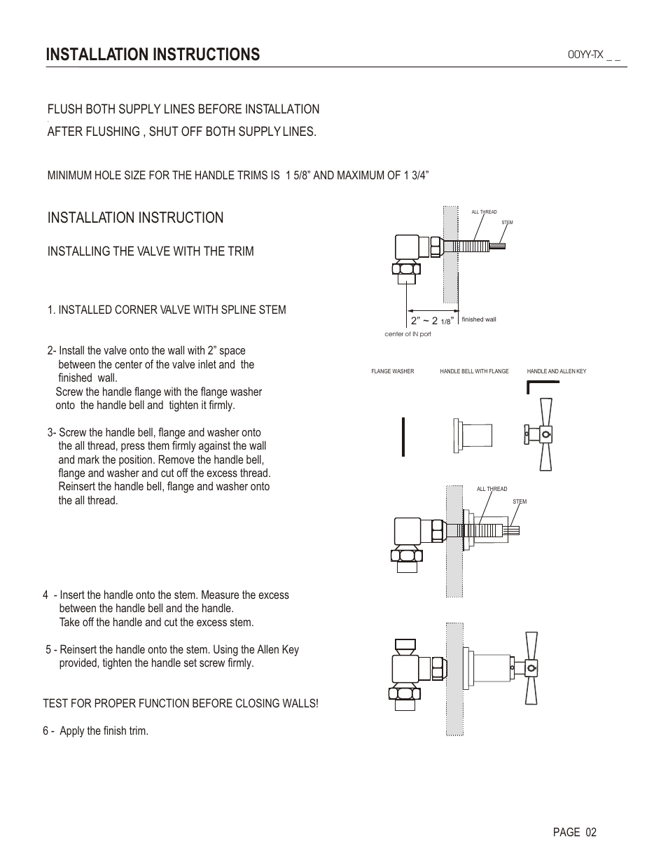 Installation instructions, Installation instruction, Flush both supply lines before installation | After flushing , shut off both supply lines, Installing the valve with the trim | Santec 00YY-TX User Manual | Page 2 / 3