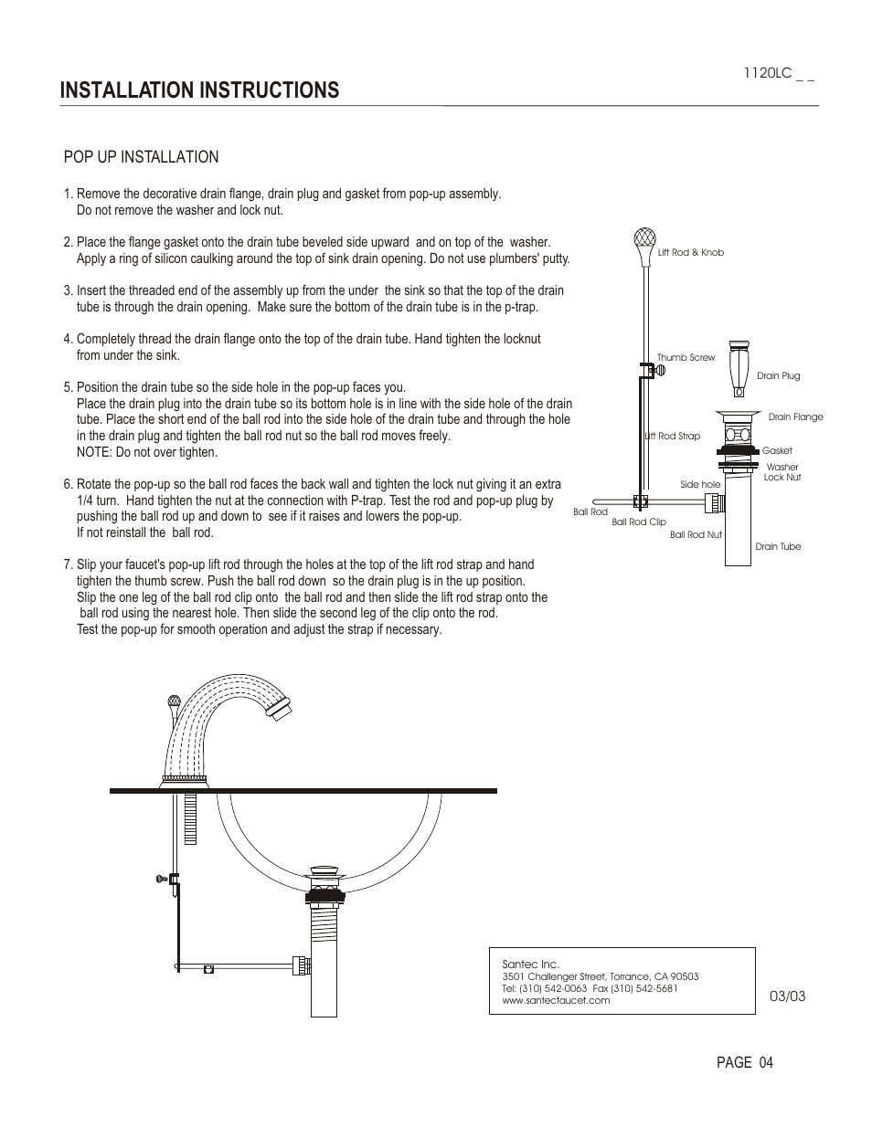 Installation instructions, Pop up installation, Page 04 | Santec 1120LC User Manual | Page 4 / 4