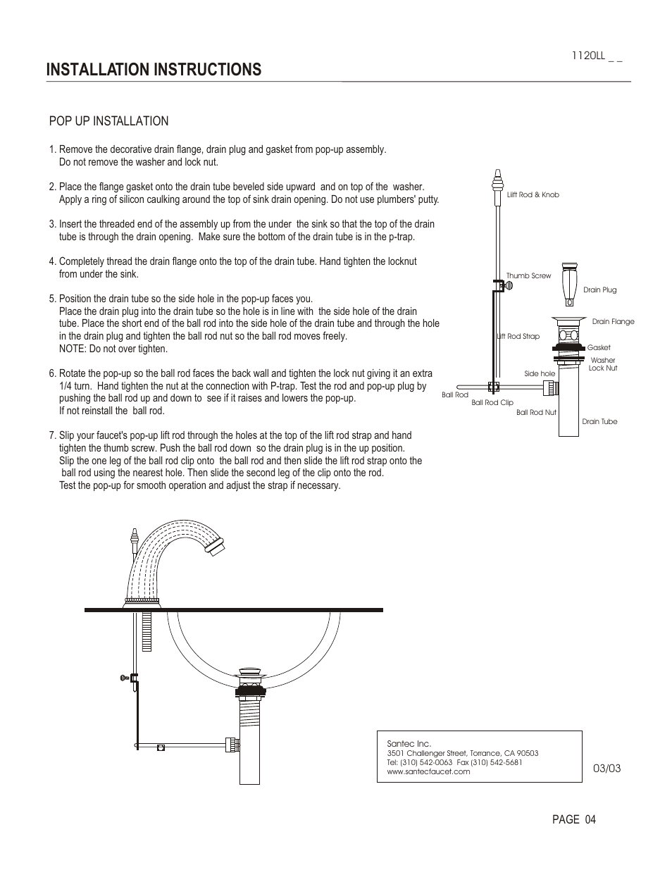 Installation instructions, Pop up installation, Page 04 | Santec 1120LL User Manual | Page 4 / 4
