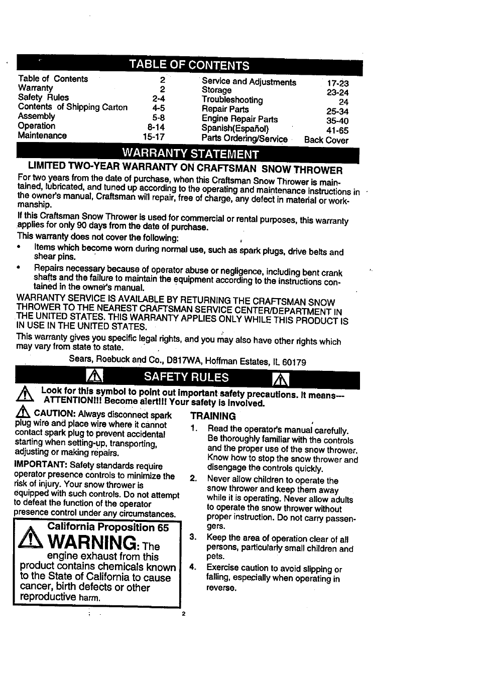 A warning | Craftsman 536.888400 User Manual | Page 2 / 42