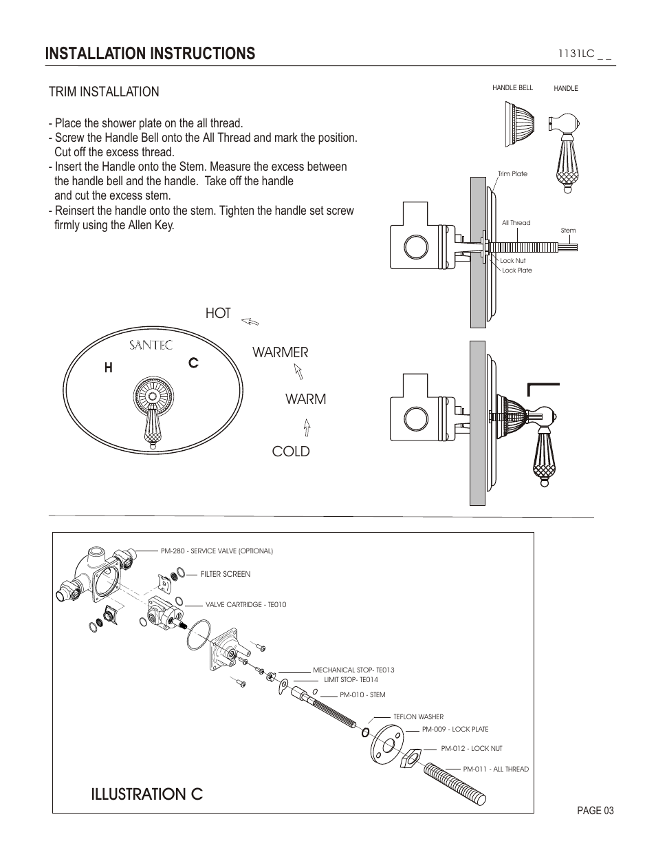 Installation instructions, Illustration c, Cold warm warmer hot | Trim installation | Santec 1131LC User Manual | Page 3 / 4