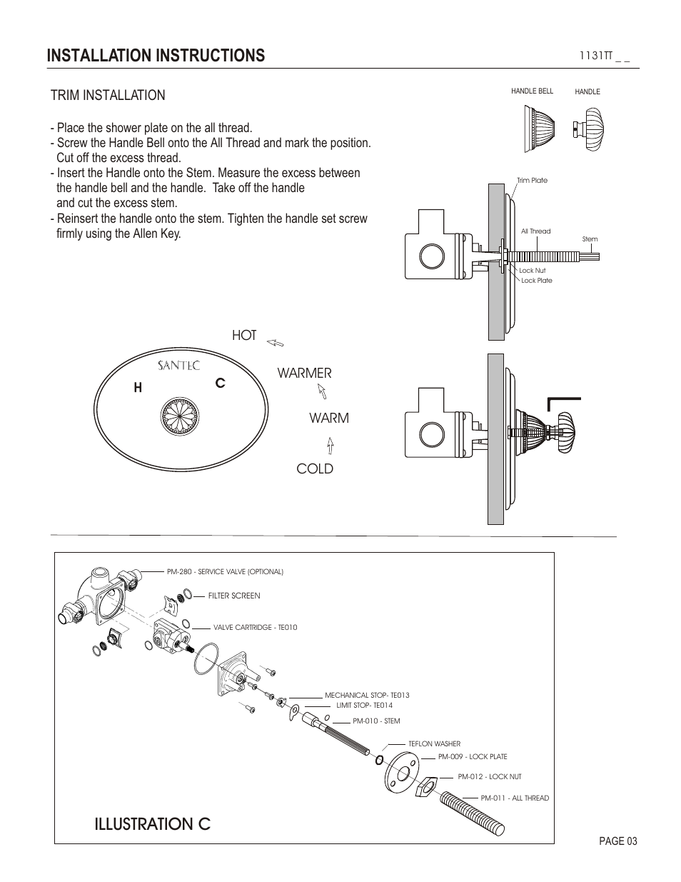 Installation instructions, Illustration c, Trim installation | Cold warm warmer hot | Santec 1131TT User Manual | Page 3 / 4