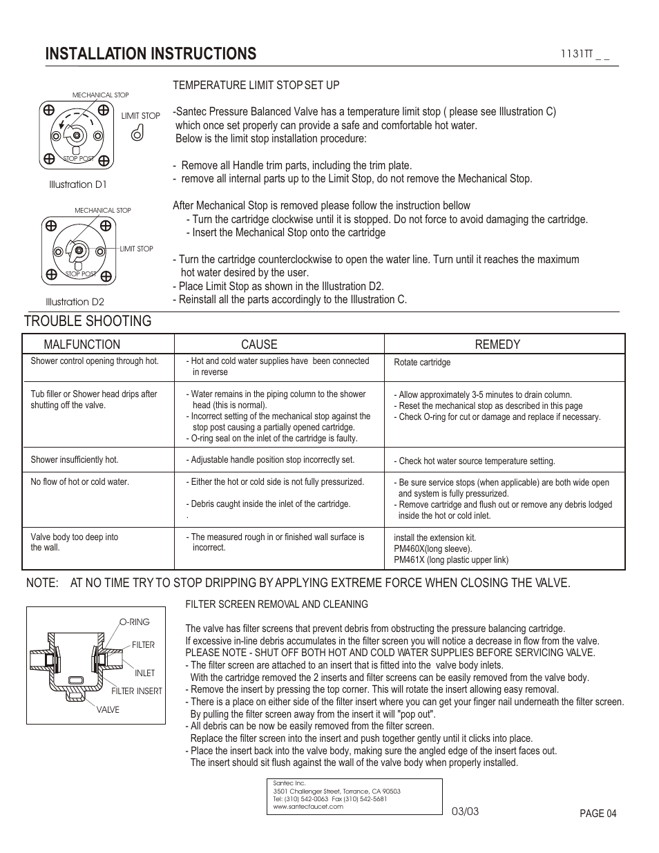 Installation instructions, Trouble shooting, Malfunction cause remedy | Santec 1131TT User Manual | Page 4 / 4