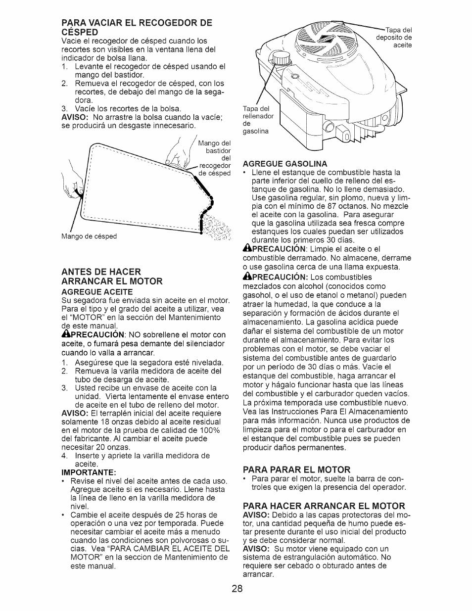 Para parar el motor, Para hacer arrancar el motor | Craftsman 917.374356 User Manual | Page 28 / 48