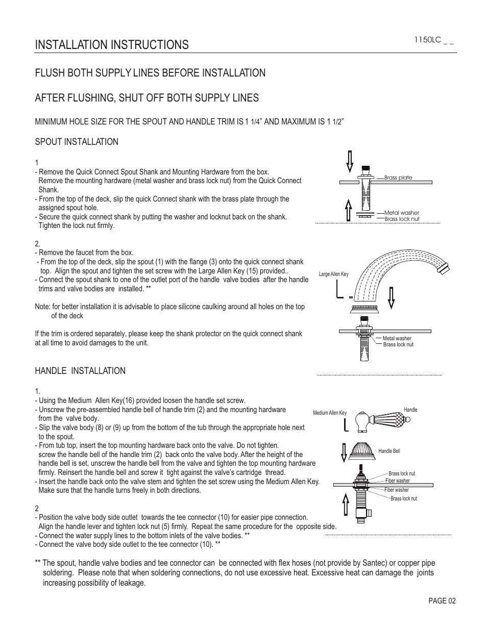 Installation instructions, Spout installation, Handle installation | Santec 1150LC User Manual | Page 2 / 4