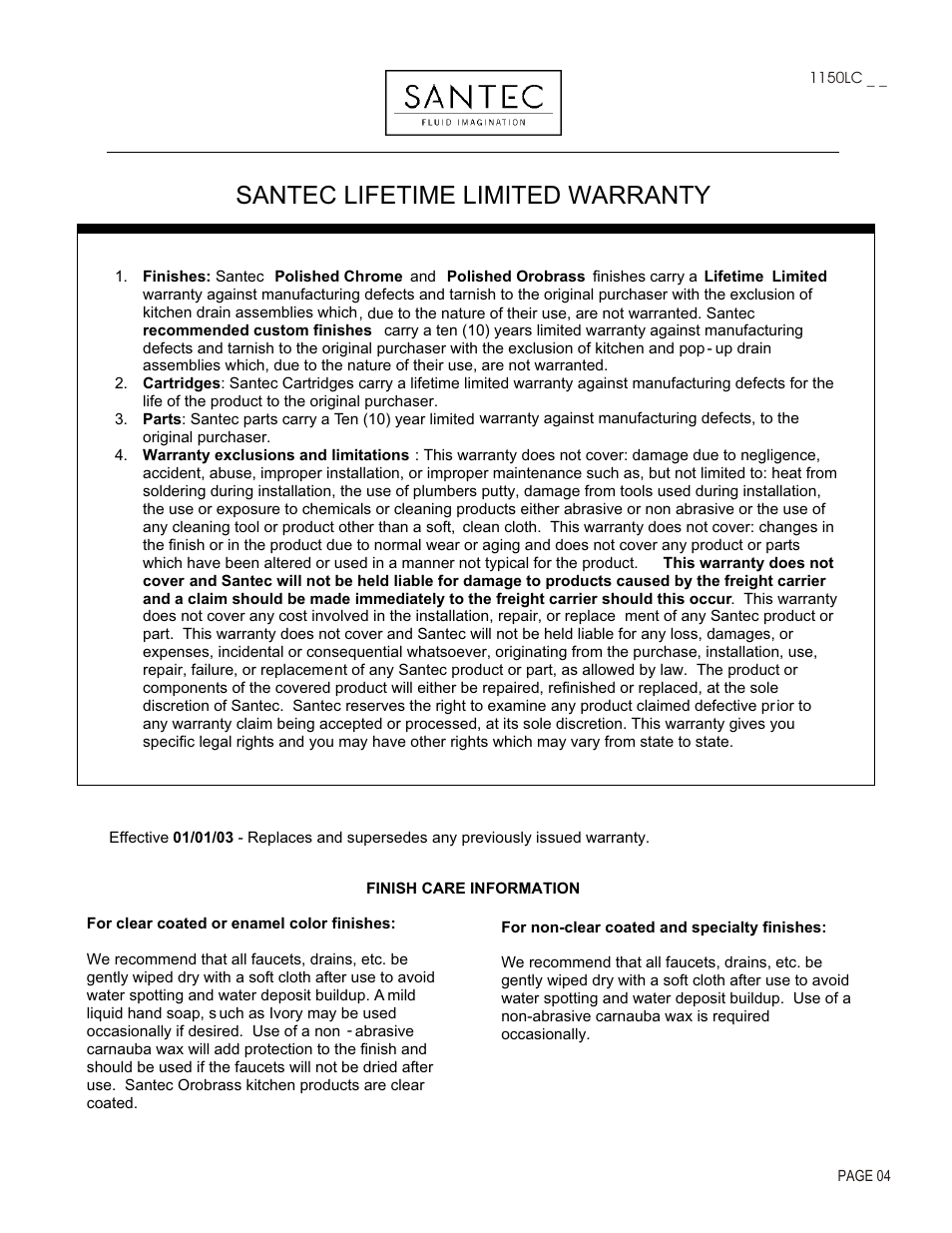 Santec lifetime limited warranty | Santec 1150LC User Manual | Page 4 / 4