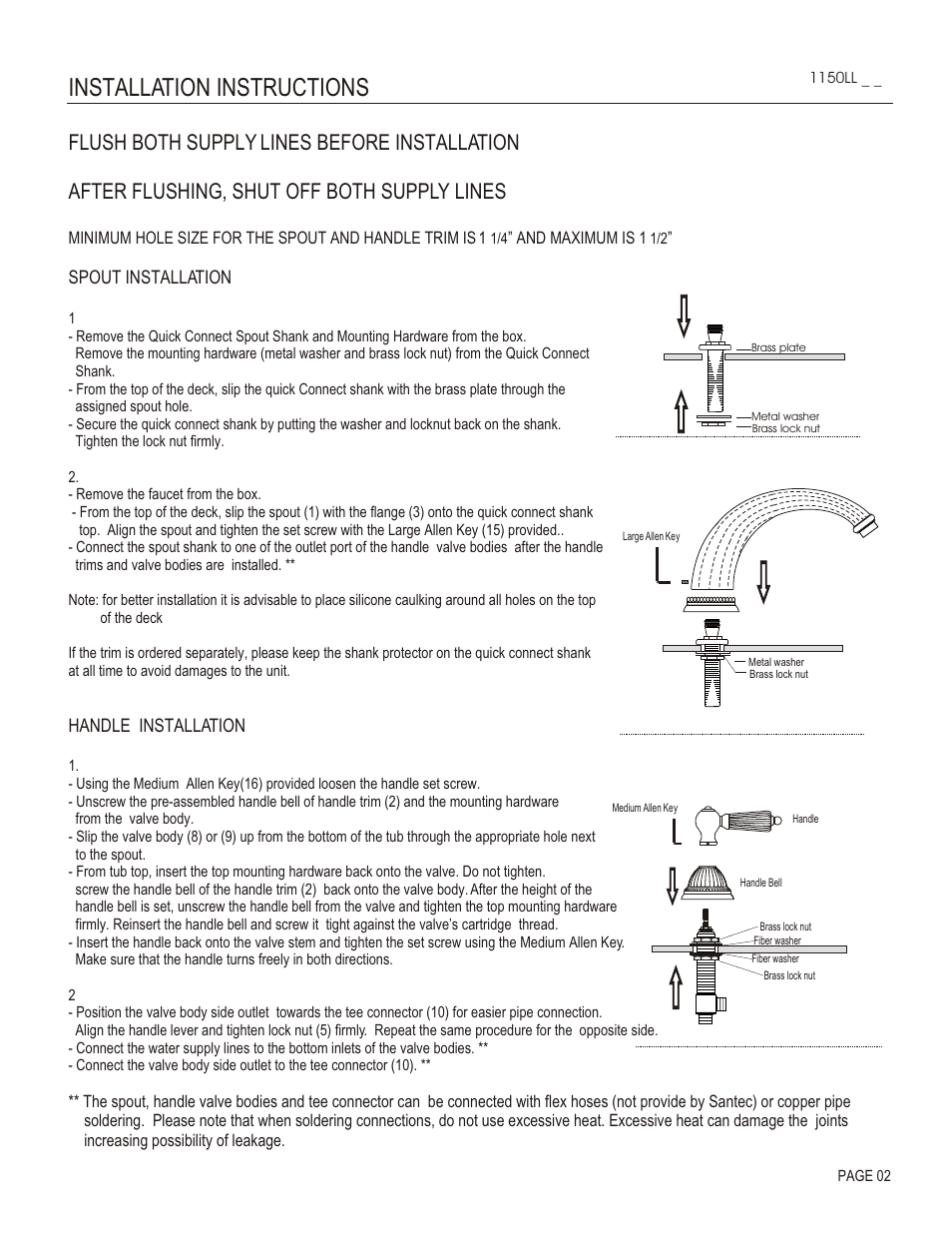 Installation instructions, Spout installation, Handle installation | Santec 1150LL User Manual | Page 2 / 4