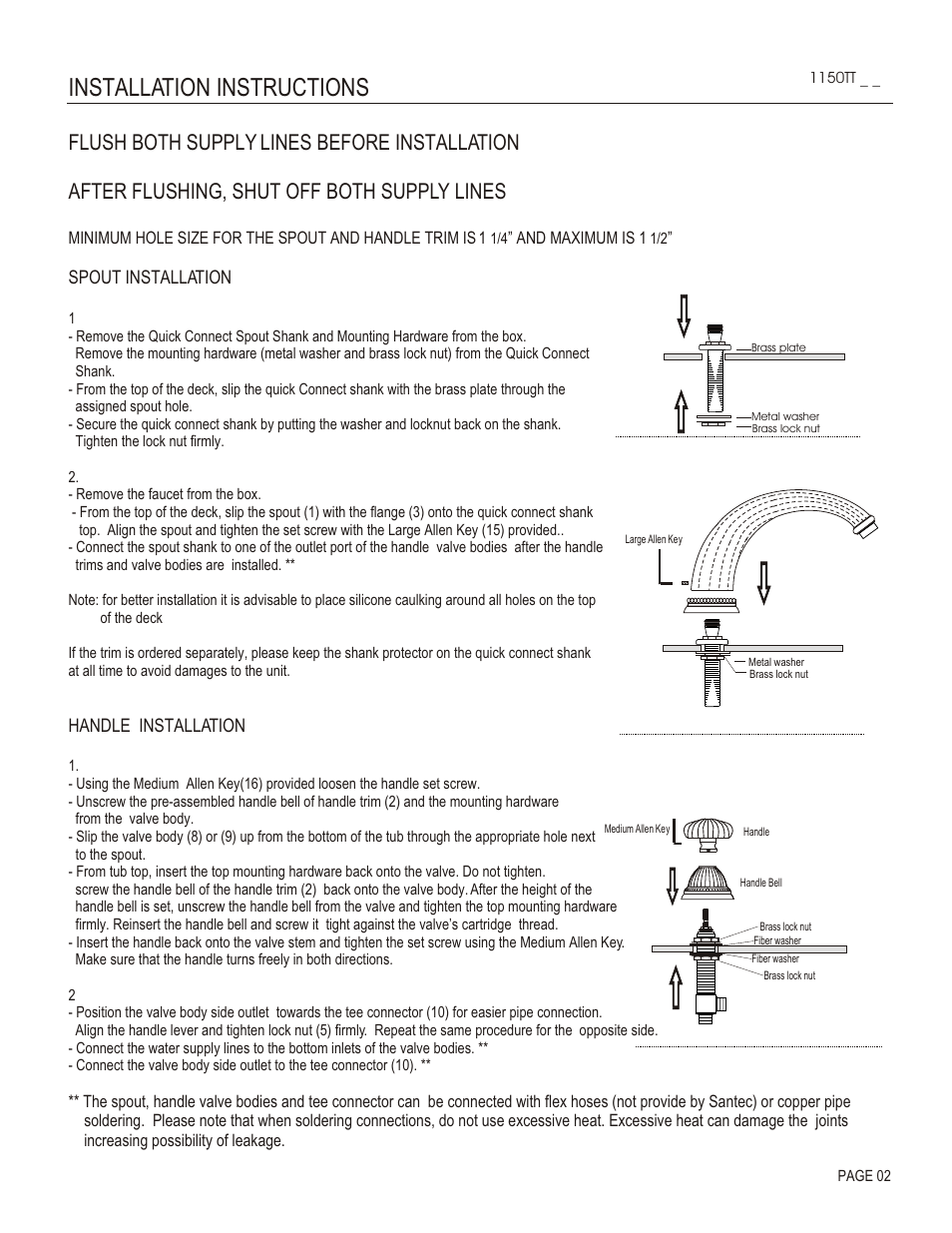 Installation instructions, Spout installation, Handle installation | Santec 1150TT User Manual | Page 2 / 4