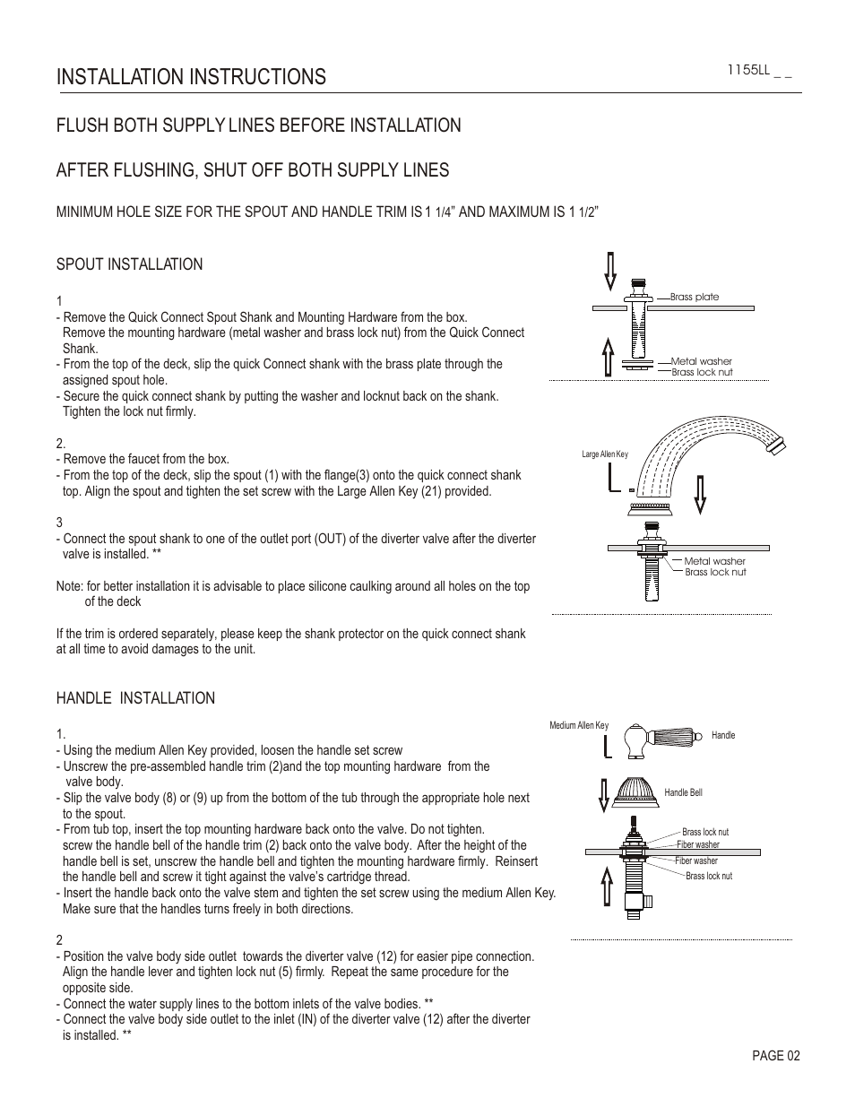 Installation instructions, Spout installation, Handle installation | Santec 1155LL User Manual | Page 2 / 4