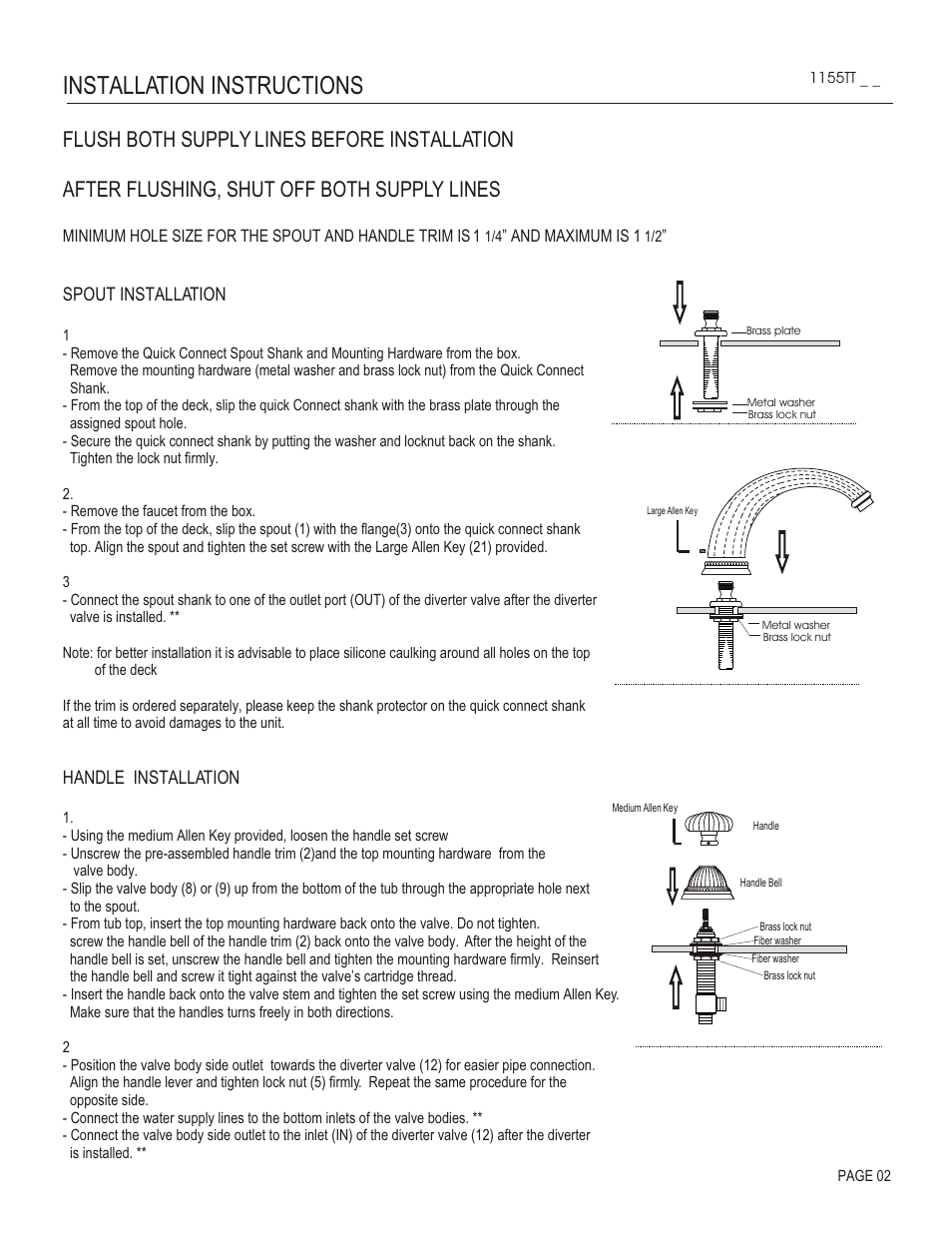 Installation instructions, Spout installation, Handle installation | Santec 1155TT User Manual | Page 2 / 4