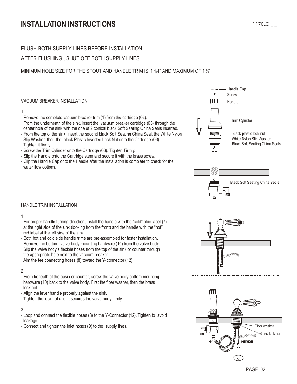 Installation instructions, Flush both supply lines before installation, After flushing , shut off both supply lines | And maximum of 1, Page 02 | Santec 1170LC User Manual | Page 2 / 4