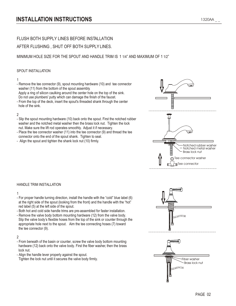 Installation instructions, Flush both supply lines before installation, After flushing , shut off both supply lines | And maximum of 1, Page 02 | Santec 1320AA User Manual | Page 2 / 4