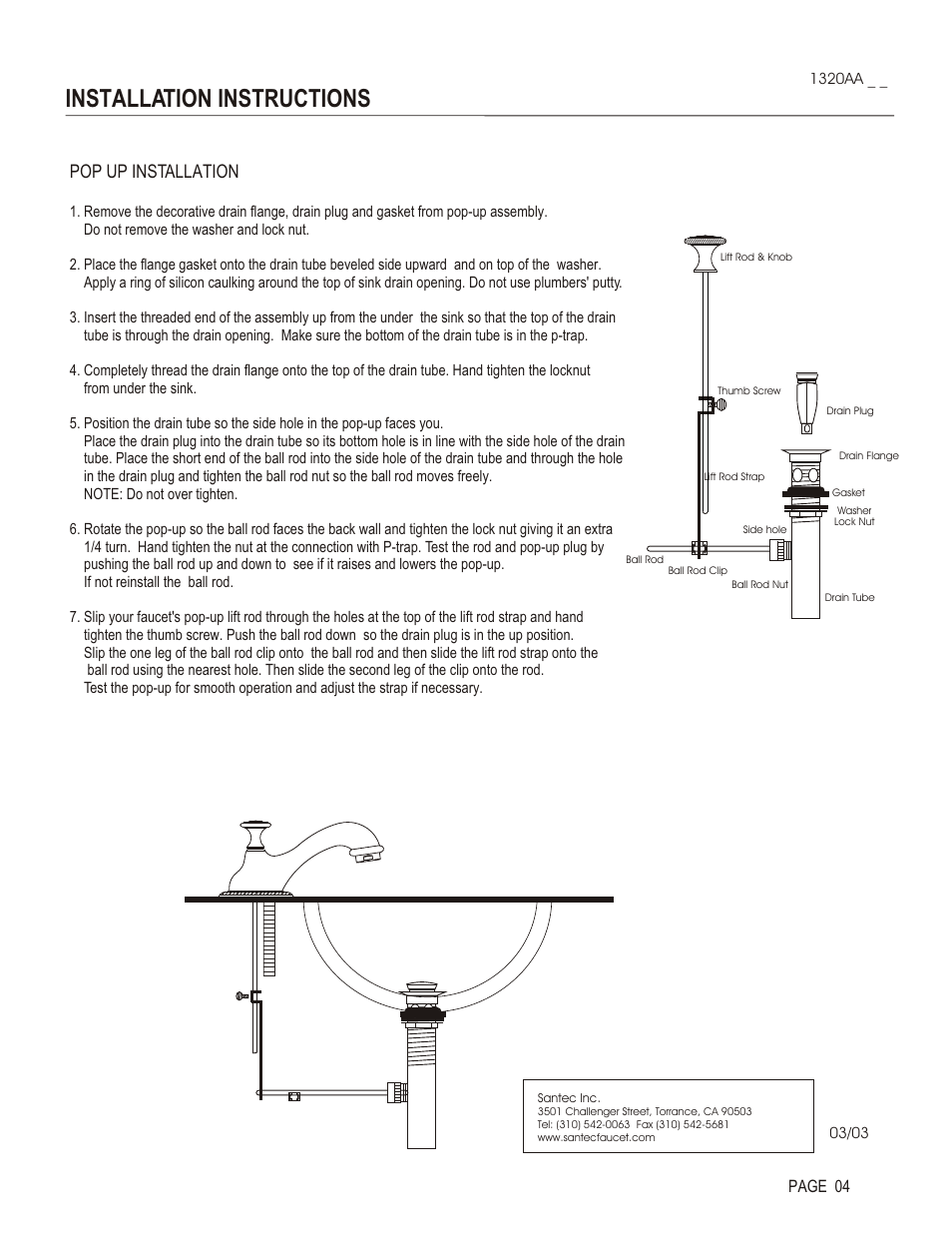 Installation instructions, Pop up installation, Page 04 | Santec 1320AA User Manual | Page 4 / 4