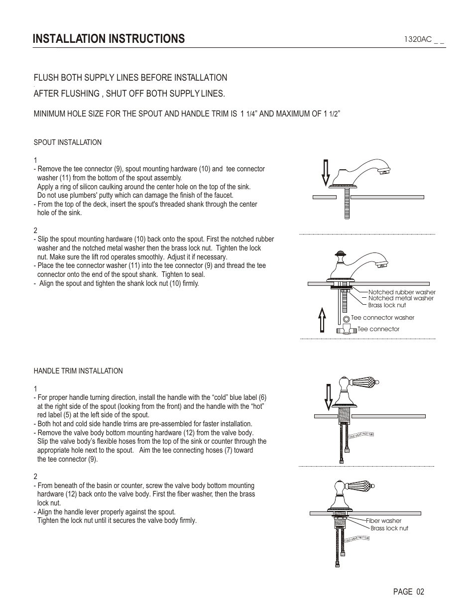 Installation instructions, Flush both supply lines before installation, After flushing , shut off both supply lines | And maximum of 1, Page 02 | Santec 1320AC User Manual | Page 2 / 4