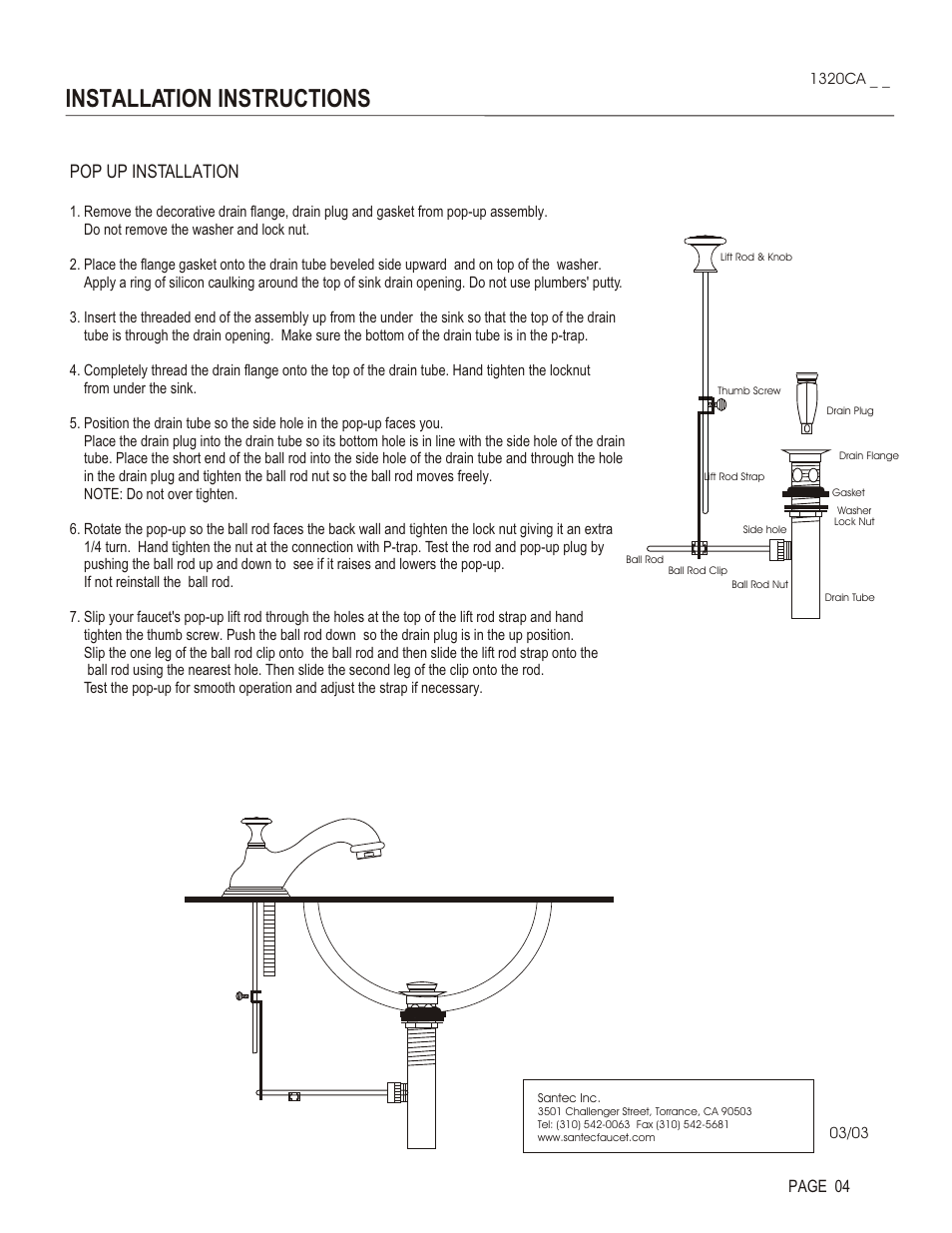 Installation instructions, Pop up installation, Page 04 | Santec 1320CA User Manual | Page 4 / 4