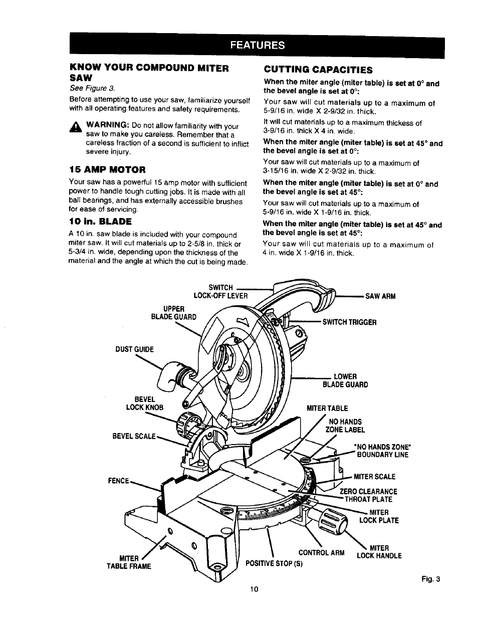 Know your compound miter saw, 15 amp motor, 10 in. blade | Cutting capacities, Features know your compound miter saw | Craftsman 315.212110 User Manual | Page 10 / 38