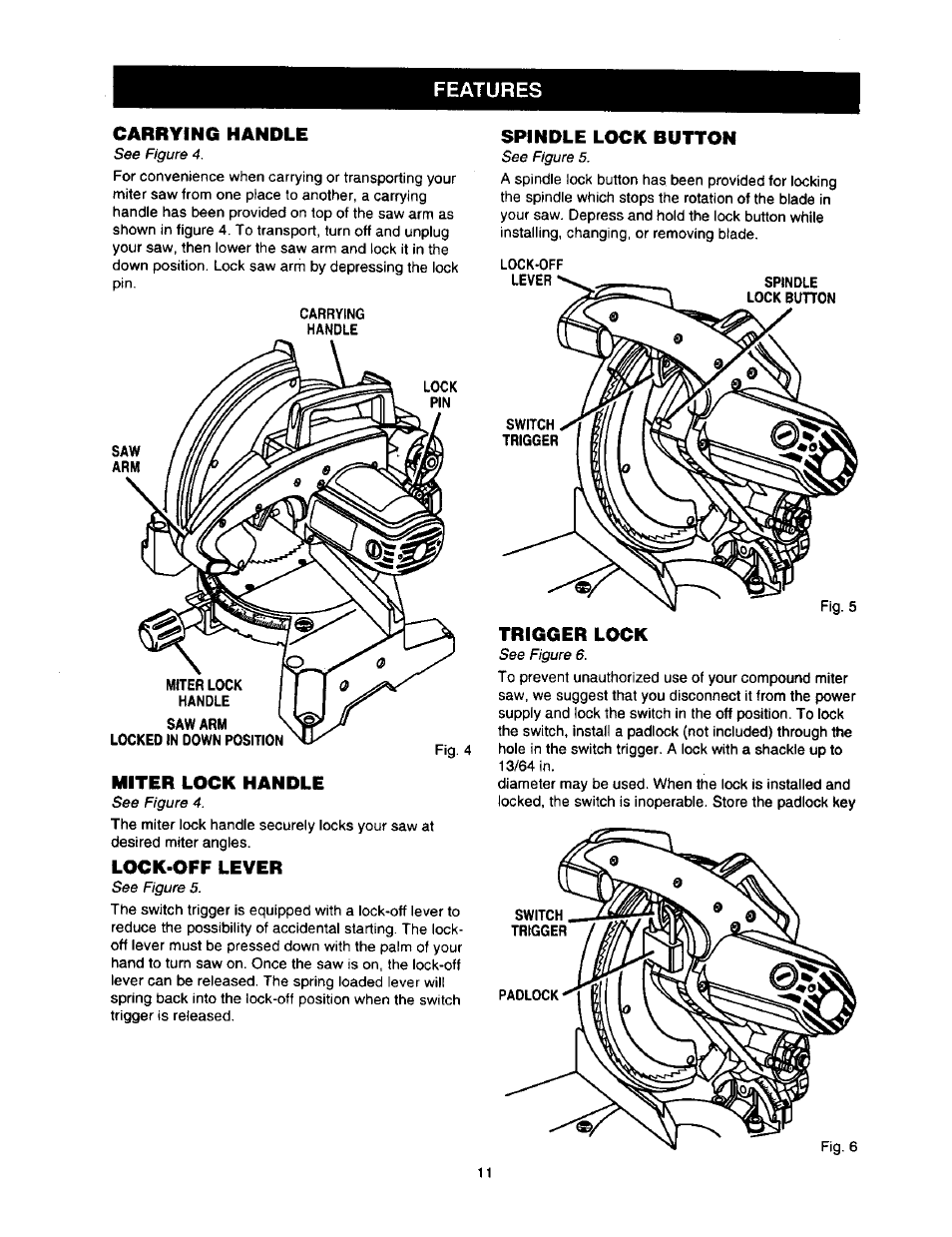 Carrying handle, Miter lock handle, Lock-off lever | Spindle lock button, Trigger lock, Features carrying handle | Craftsman 315.212110 User Manual | Page 11 / 38