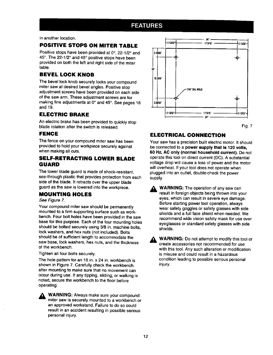 Positive stops on miter table, Bevel lock knob, Electric brake | Fence, Self-retracting lower blade guard, Mounting holes, Electrical connection, Features | Craftsman 315.212110 User Manual | Page 12 / 38