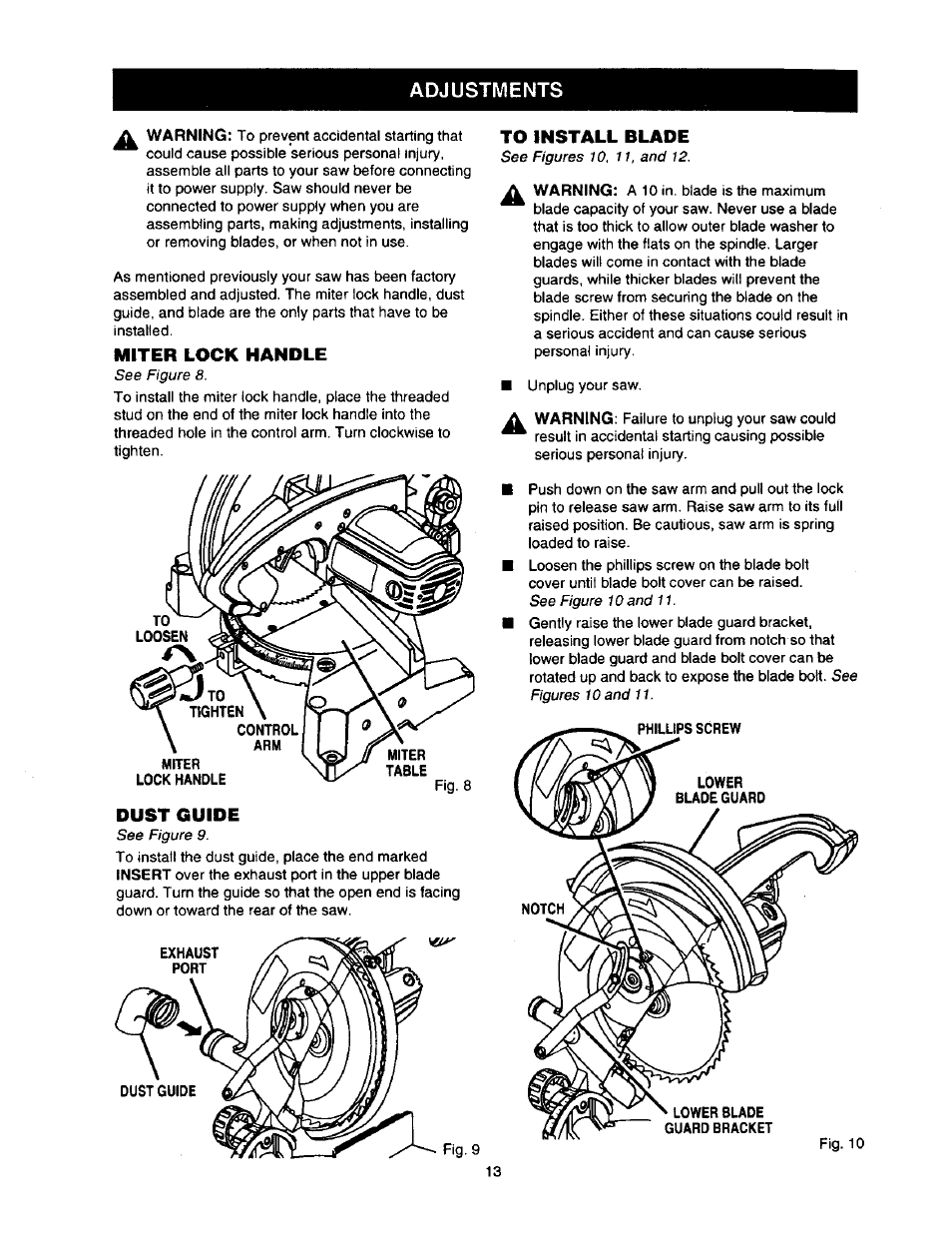 Miter lock handle, Dust guide, To install blade | Adjustments | Craftsman 315.212110 User Manual | Page 13 / 38