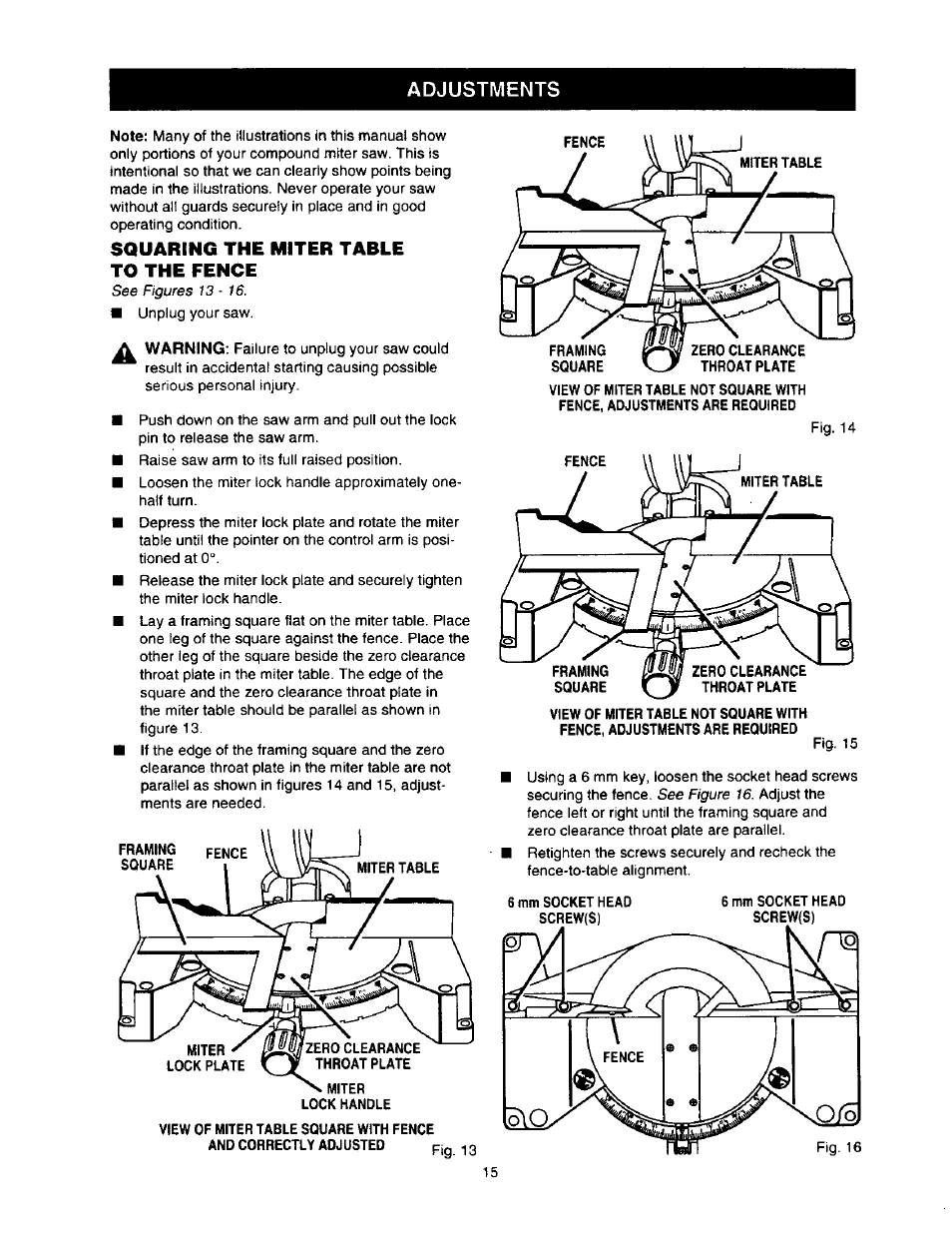 Squaring the miter table to the fence, Adjustments | Craftsman 315.212110 User Manual | Page 15 / 38