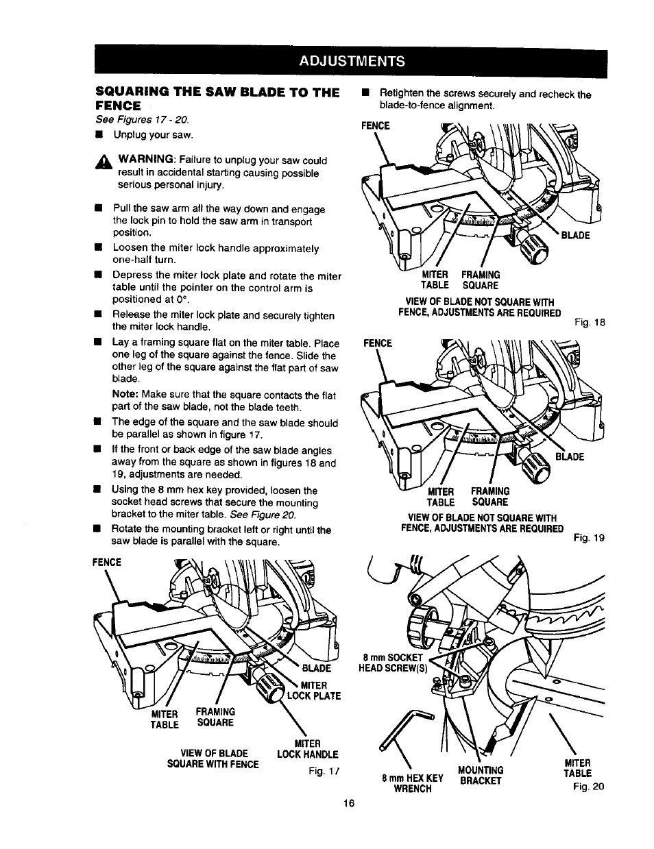 Squaring the saw blade to the fence, Adjustments squaring the saw blade to the fence | Craftsman 315.212110 User Manual | Page 16 / 38