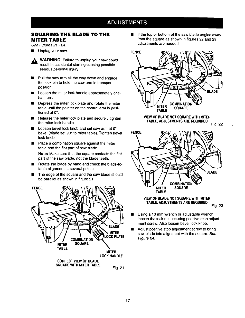 Squaring the blade to the miter table, Adjustments squaring the blade to the miter table | Craftsman 315.212110 User Manual | Page 17 / 38