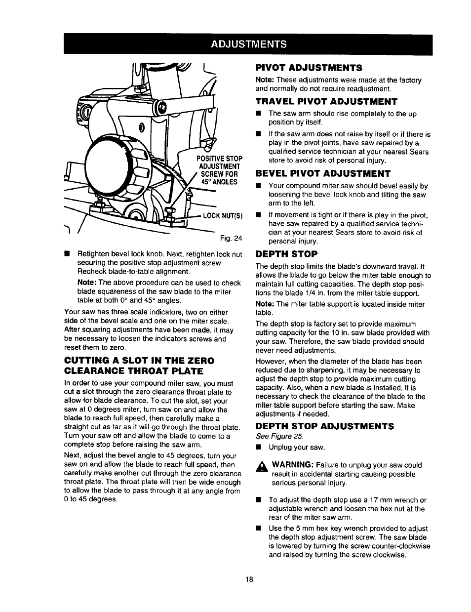 Cutting a slot in the zero clearance throat plate, Pivot adjustments, Travel pivot adjustment | Bevel pivot adjustment, Depth stop, Depth stop adjustments, Adjustments | Craftsman 315.212110 User Manual | Page 18 / 38
